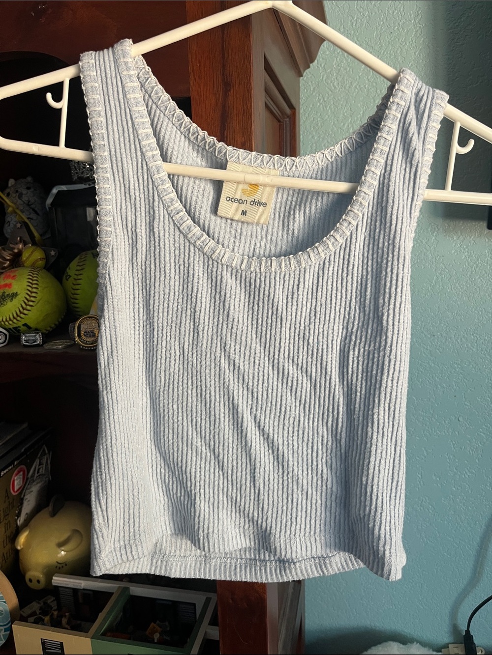 Ocean Drive Pastel Blue Ribbed Scoop Tank